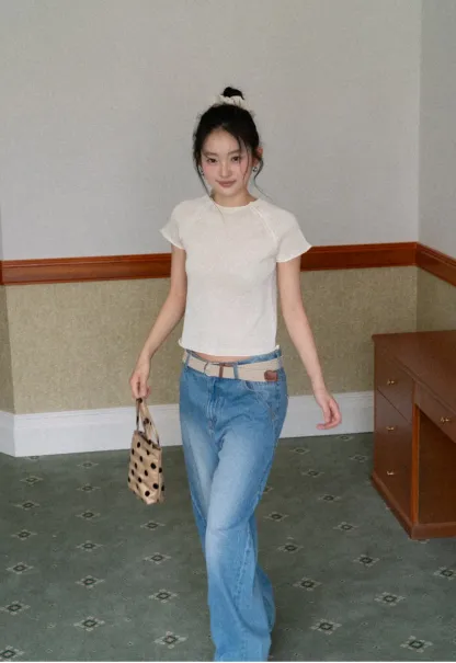 Short Sleeve Ribbed Knit Top with Raglan Sleeves