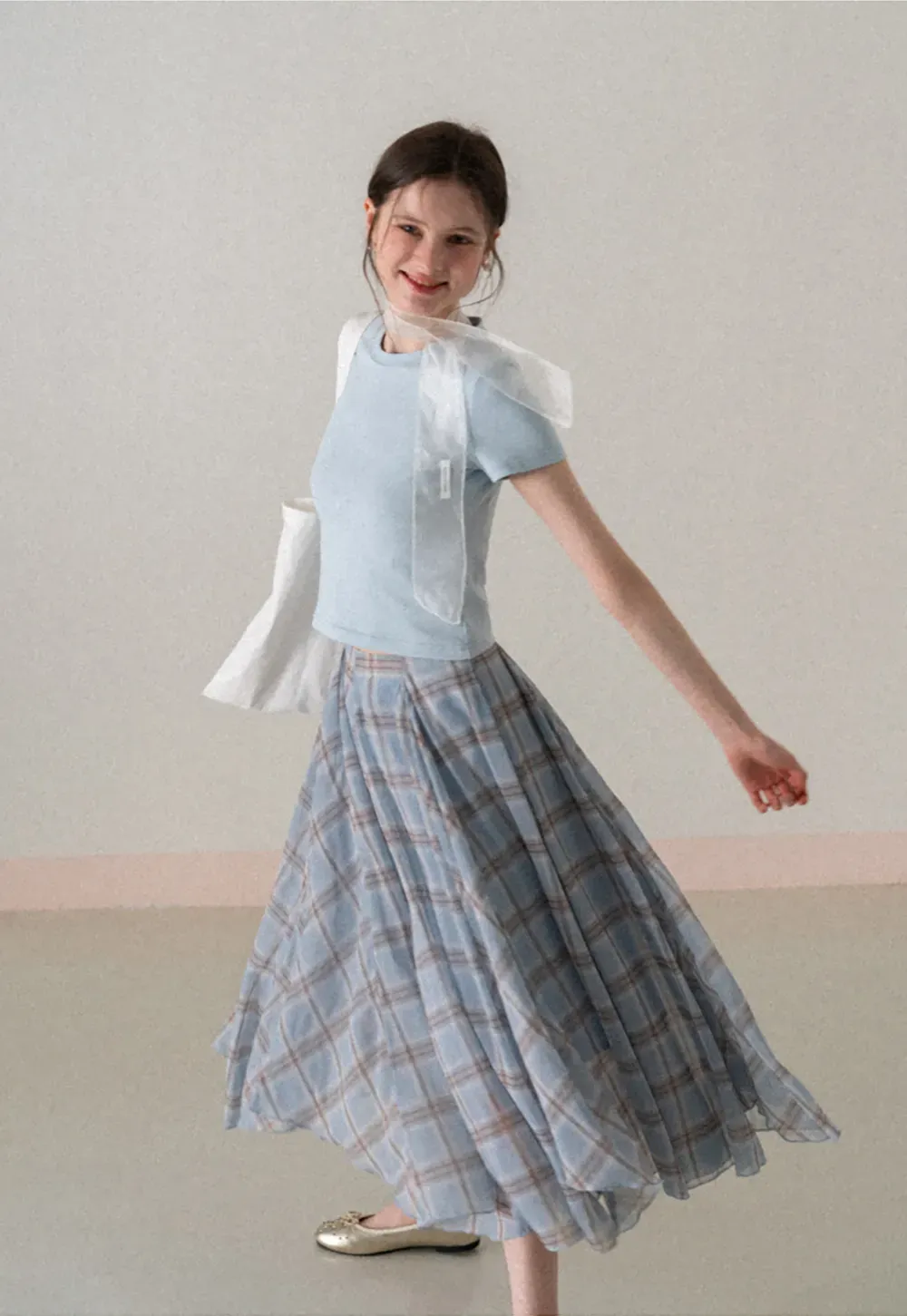 Short Sleeve Crew Neck T Shirt with Sheer Scarf Detail