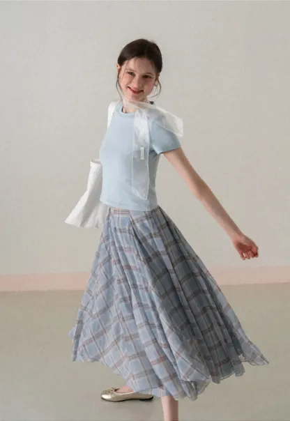 Short Sleeve Crew Neck T Shirt with Sheer Scarf Detail