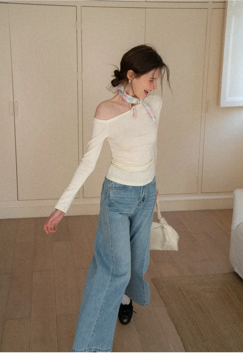 Asymmetrical long sleeve off shoulder top