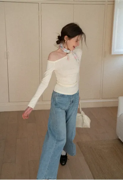 Asymmetrical long sleeve off shoulder top