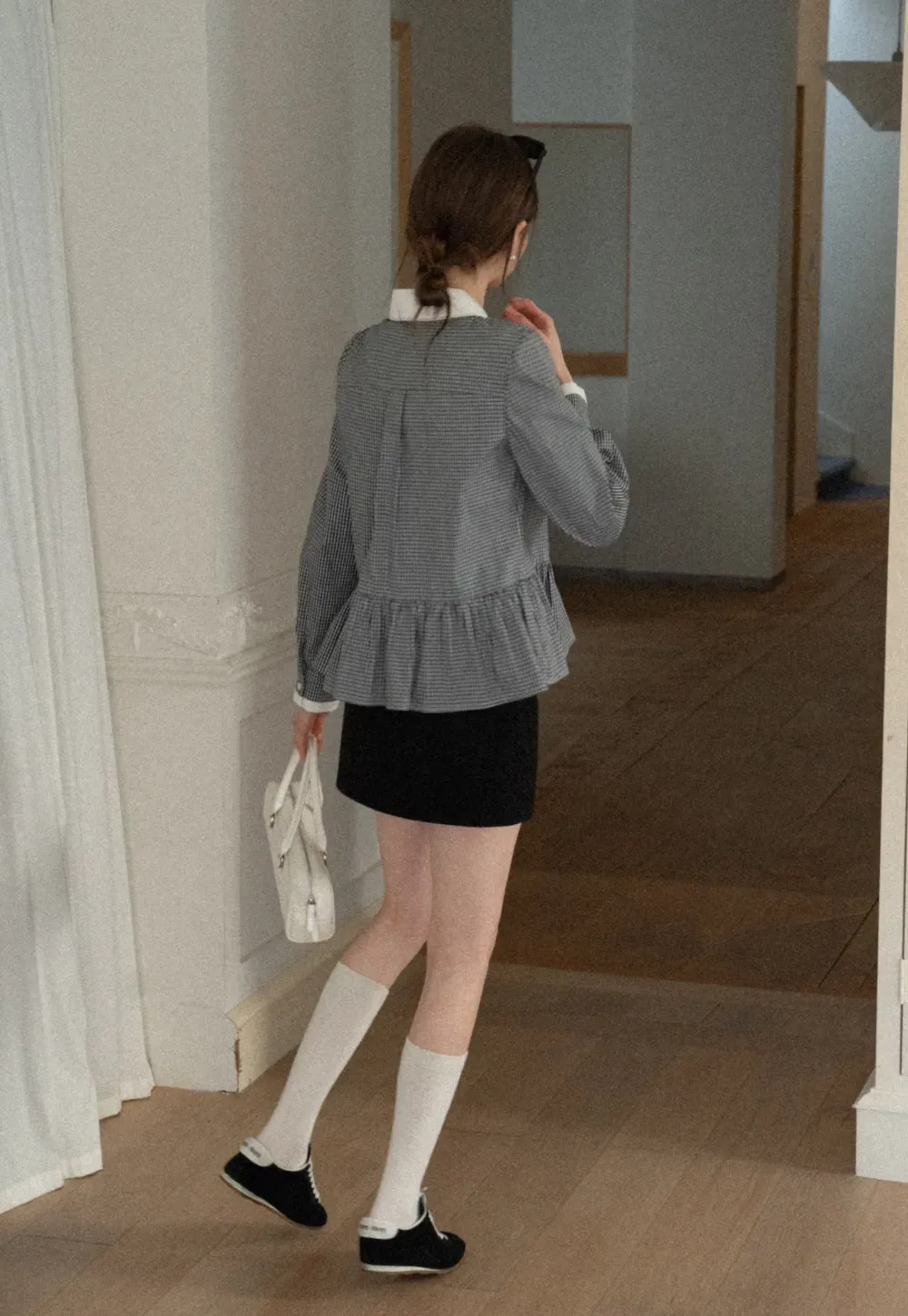 Peplum Gingham Collar Shirt with Flared Hem