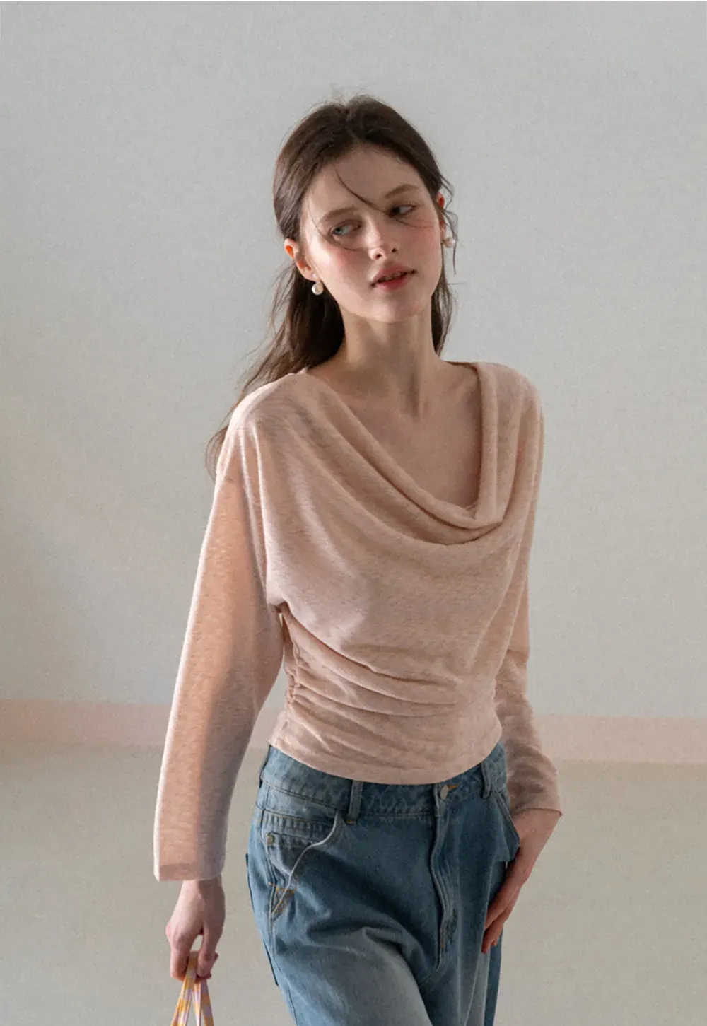 Long sleeve off shoulder draped knit top