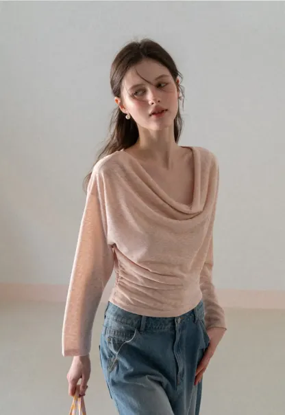 Long sleeve off shoulder draped knit top