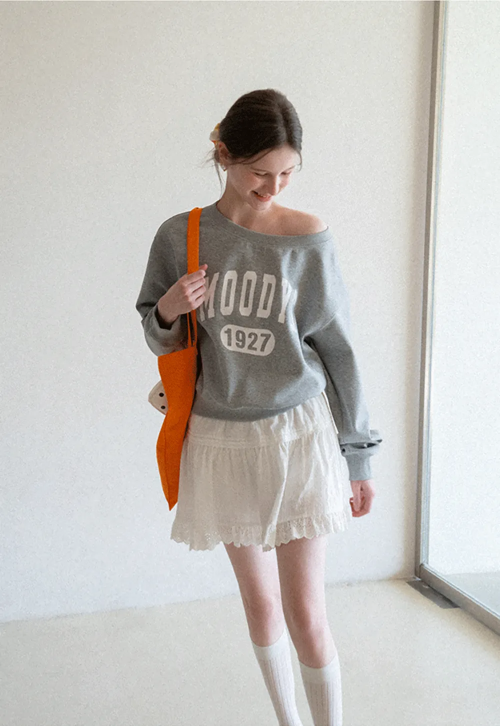 Gray Off Shoulder Sweatshirt with Bold Lettering and Year Print