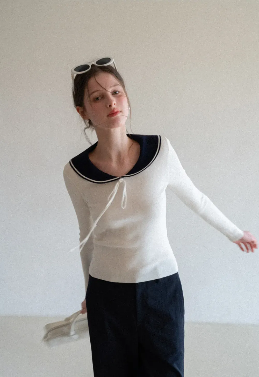 Knit Sweater with Collar and Tie Detail