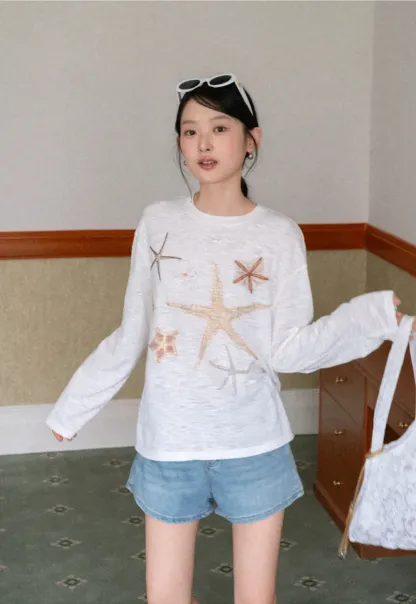 Long sleeve T shirt with starfish embroidery