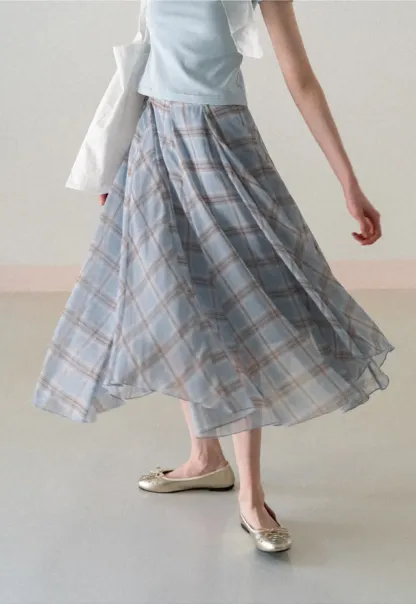 Pleated Plaid Midi Skirt with Asymmetrical Hem