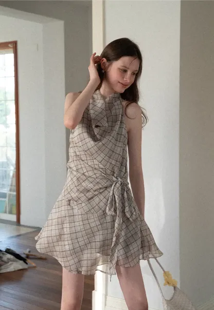 Plaid Halter Neck Wrap Dress with Side Tie