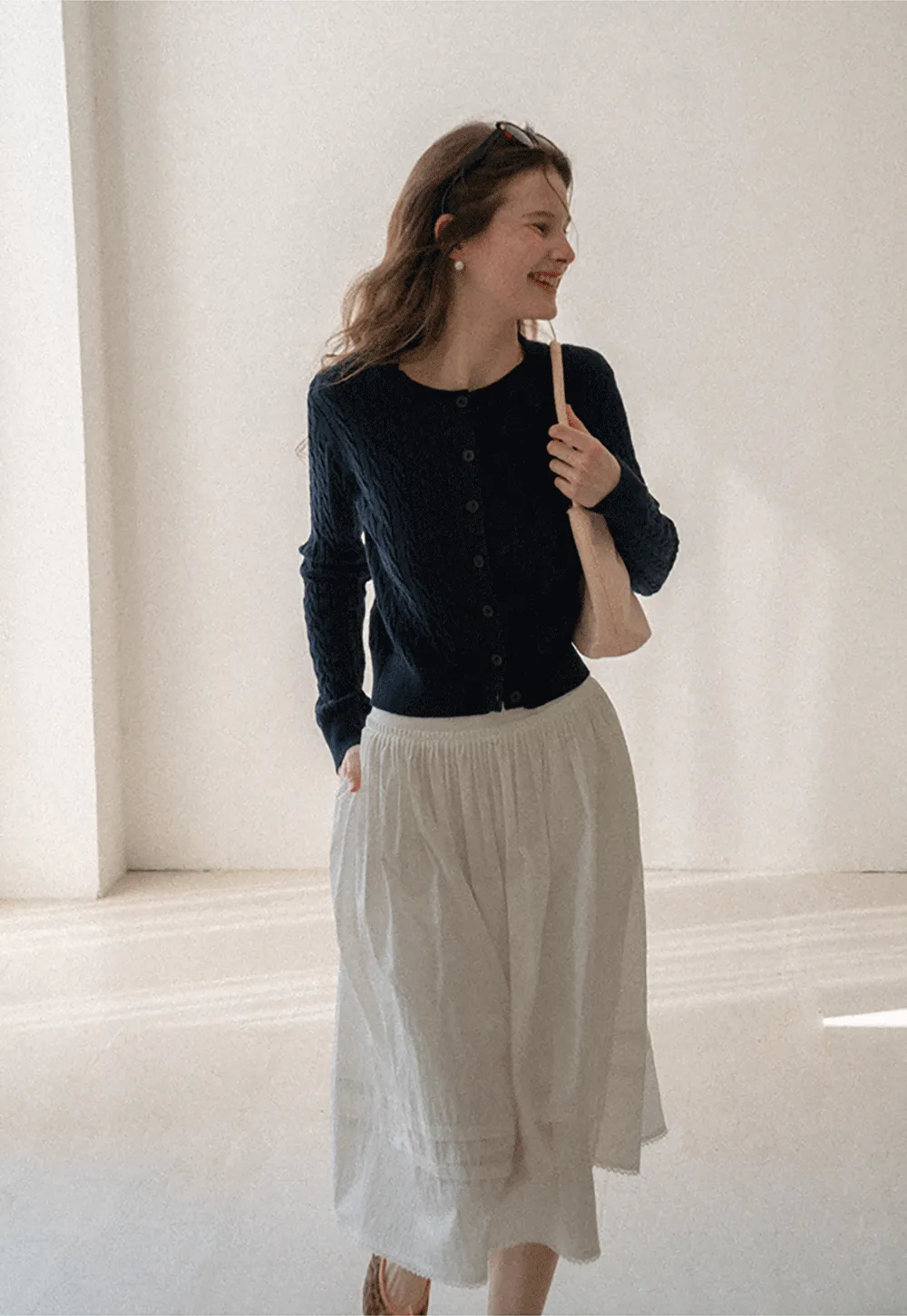 Lightweight pleated midi skirt with elastic waist