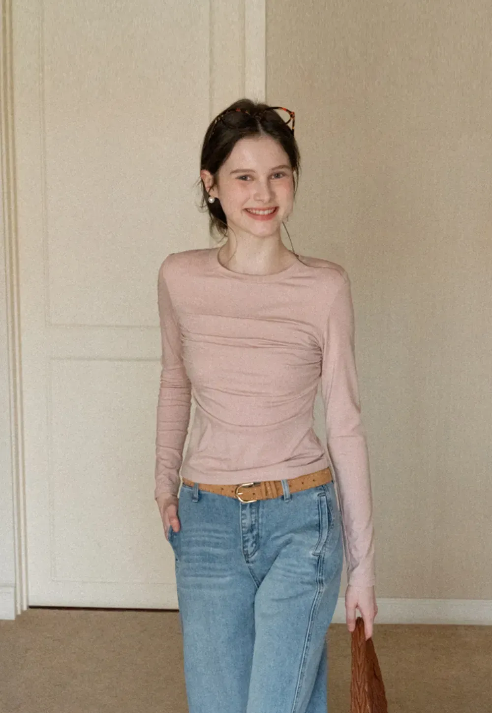 Ruched Long Sleeve T-Shirt with Gathered Detail