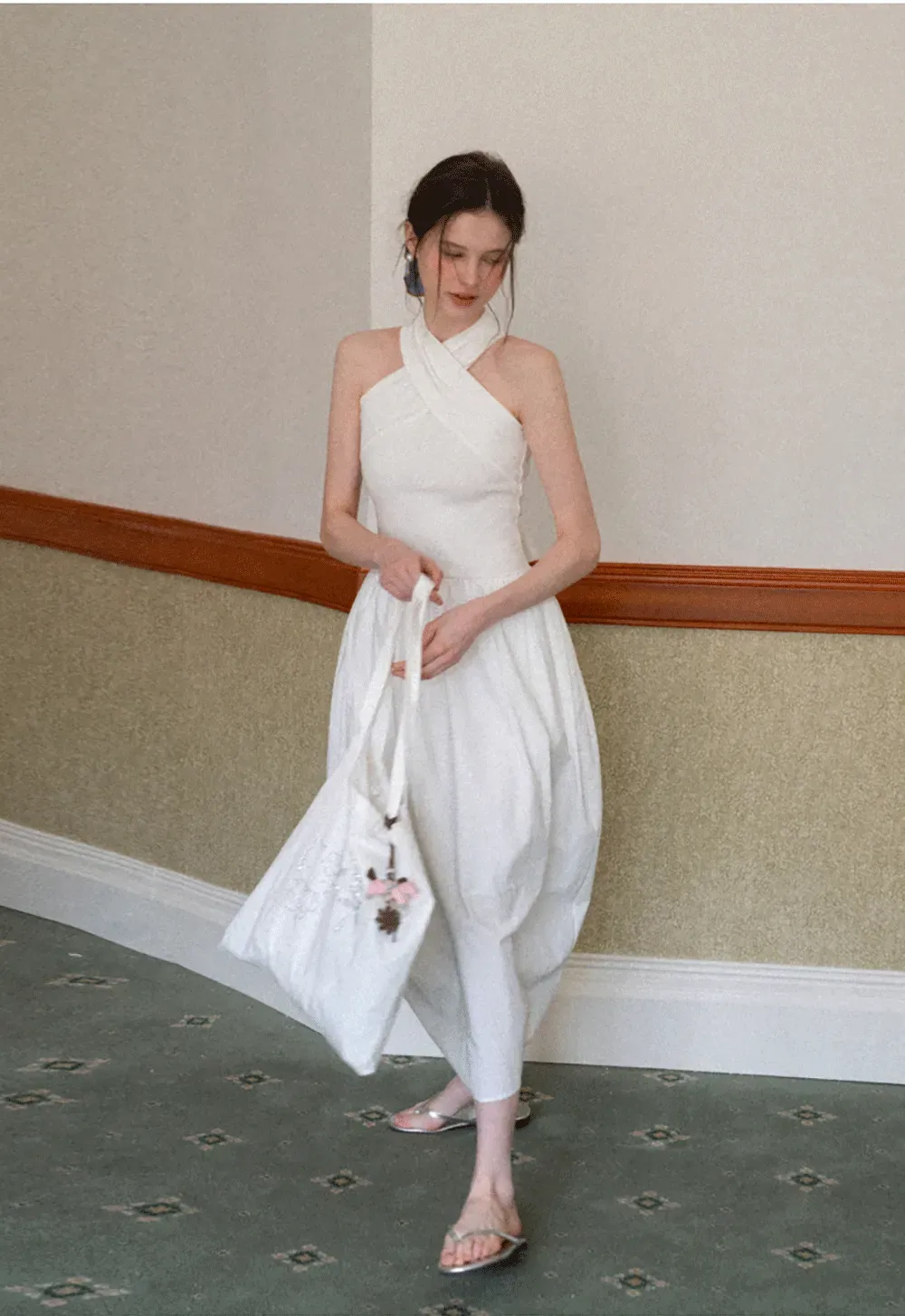 Halter Neck A Line Midi Dress with Pleated Skirt