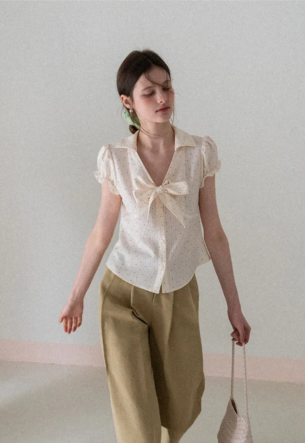 Short Sleeve Shirt with Bow Detail and Polka Dots