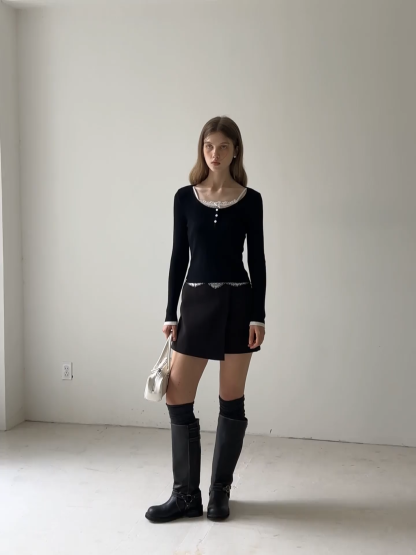 Women Lace Trim Knit Top Long Sleeve Elegant Style