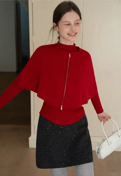 Zipper Front Knit Sweater with Wide Sleeves