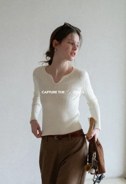 V Neck Cable Knit Sweater Top
