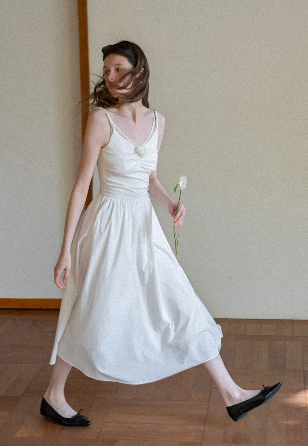 Sleeveless V Neck Midi Dress with Ruched Bodice