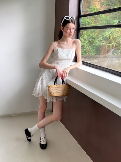 Polka Dot Print Ruffled Sleeveless Dress
