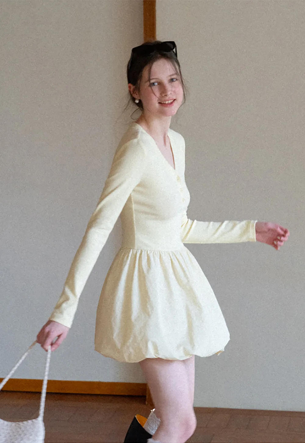 V neck long sleeve dress with flared skirt