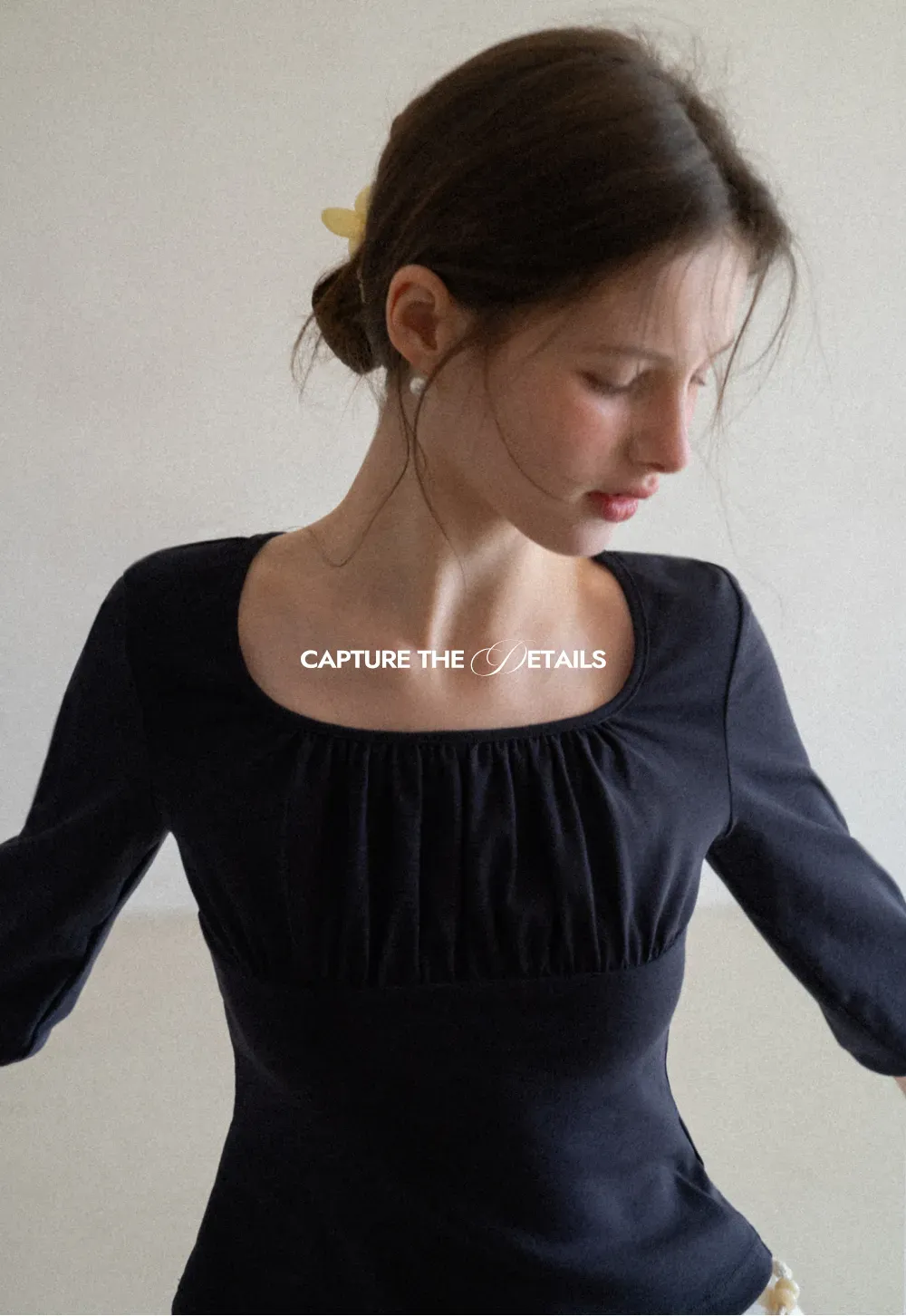 Square neck short sleeve top with gathered detail