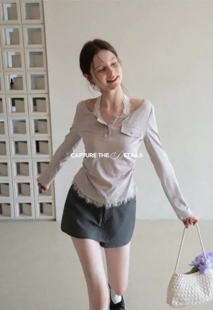 Long sleeve Henley top with lace trim