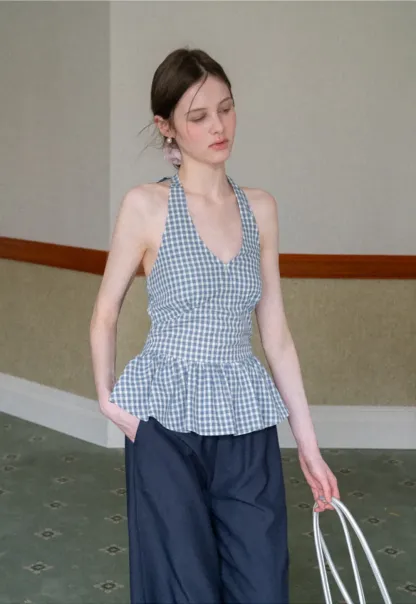 Gingham Halter Neck Peplum Top