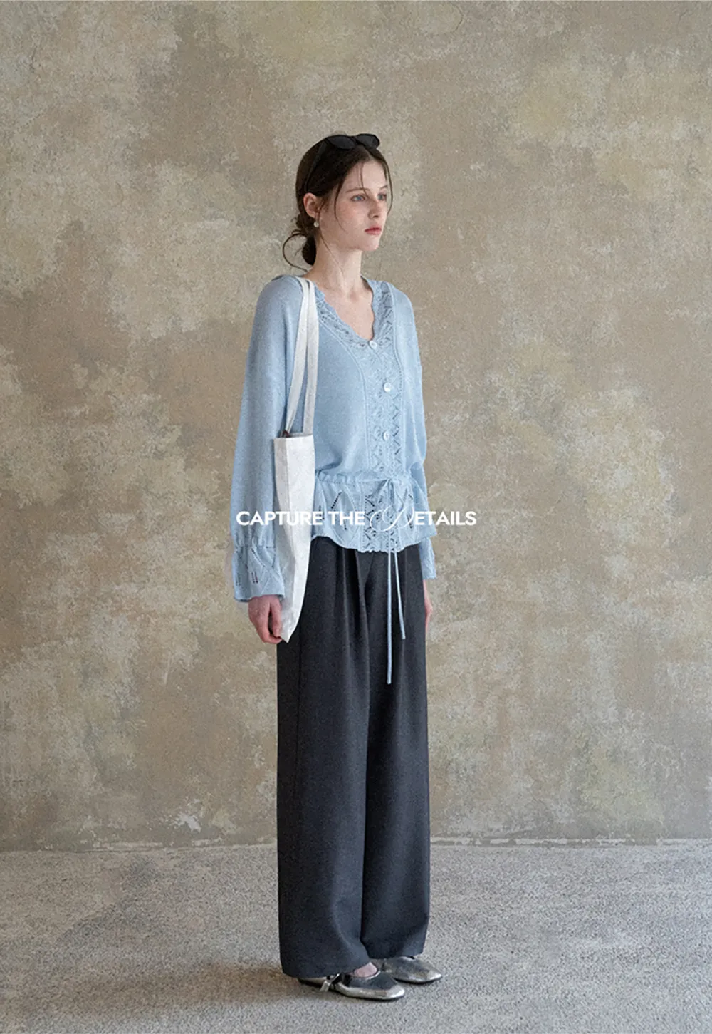 Lace Trimmed V Neck Knit Sweater with Drawstring Hem