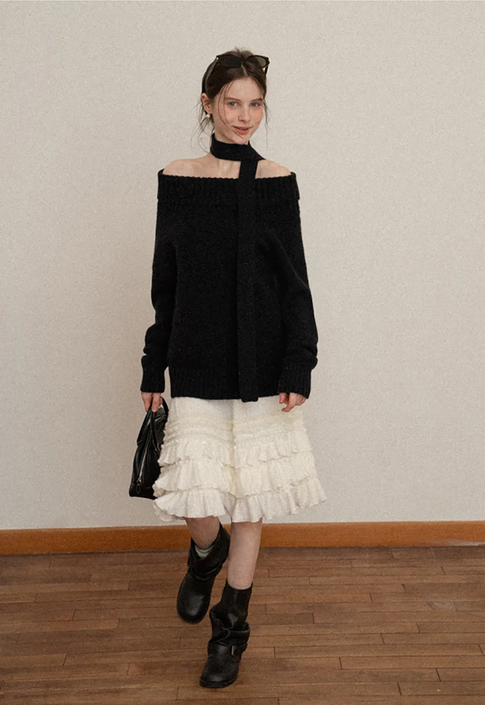 Elegant High Neck Knit Sweater with Tie Detail