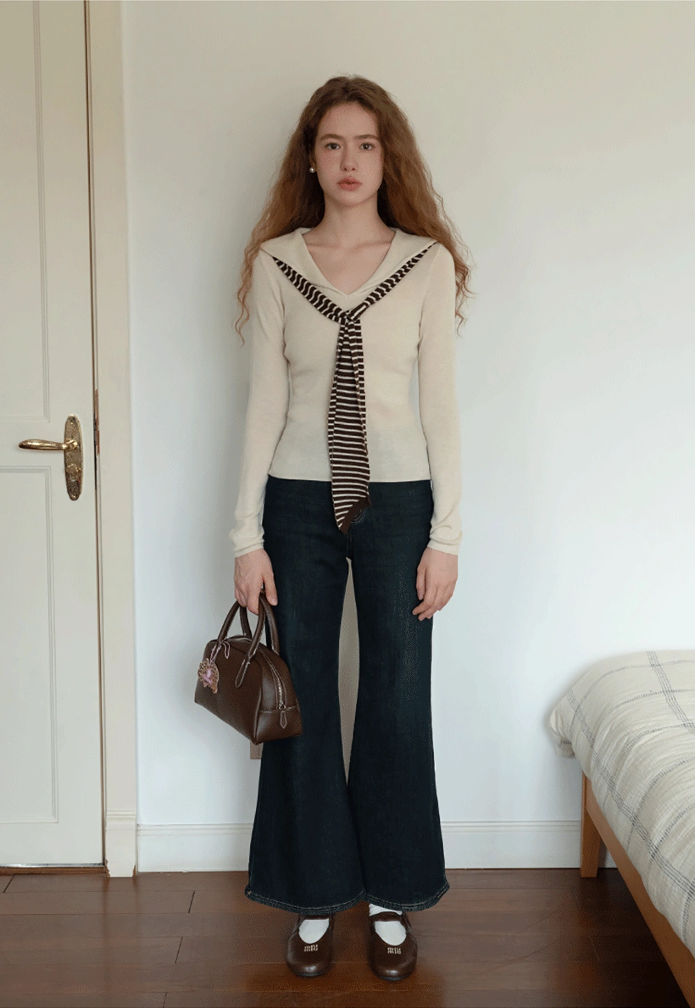 Womens Sailor Collar Long Sleeve Knit Top with Tie