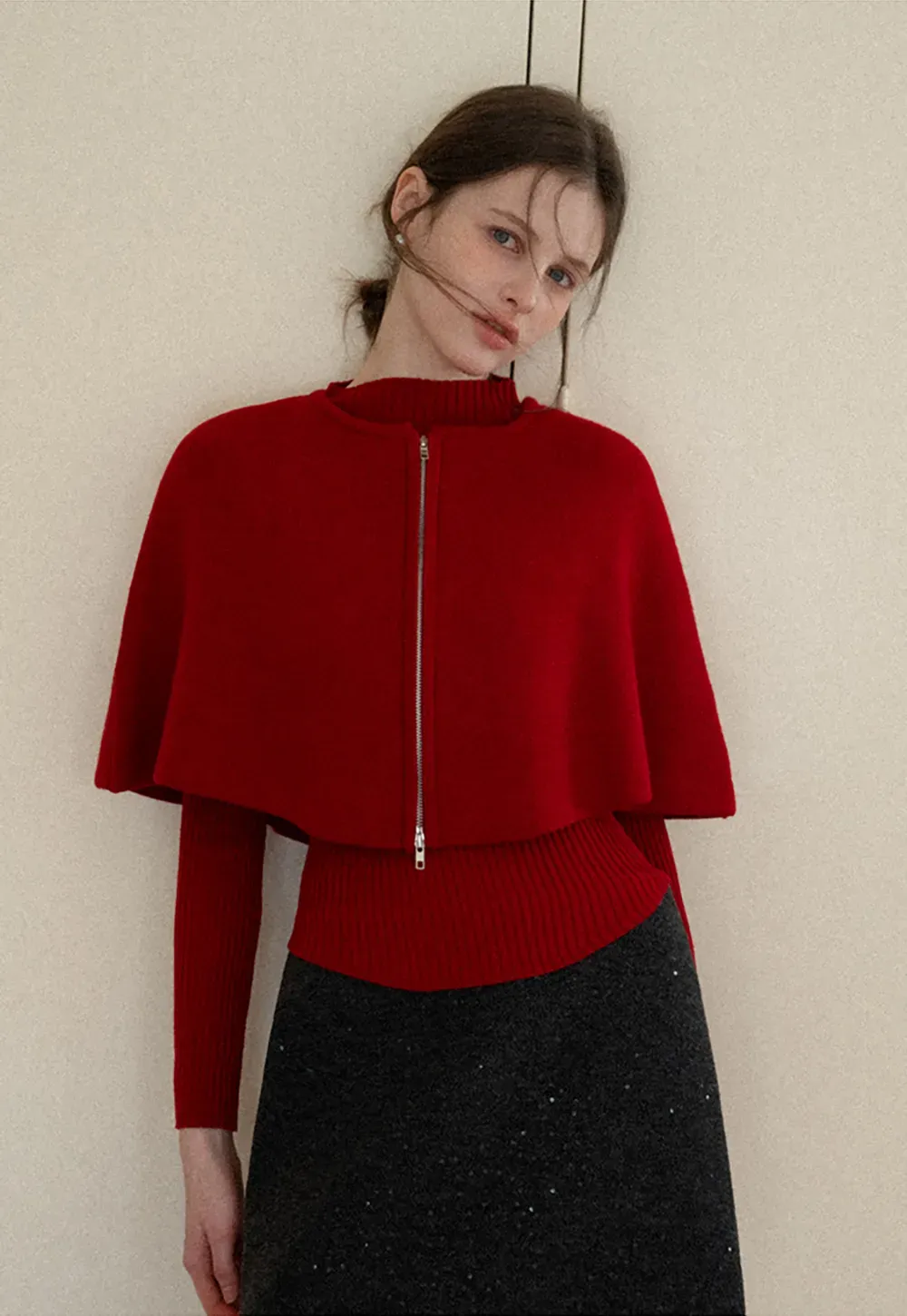 Zipper Front Knit Sweater with Wide Sleeves