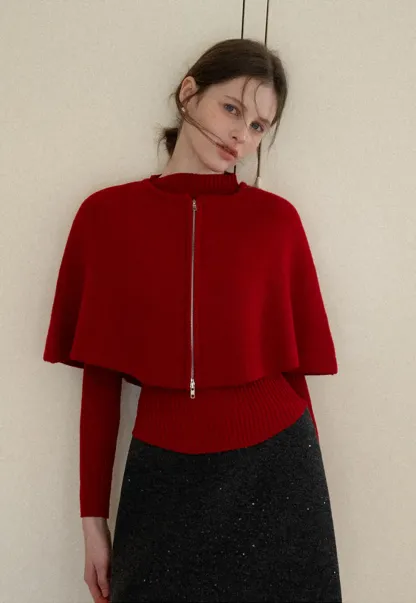 Zipper Front Knit Sweater with Wide Sleeves