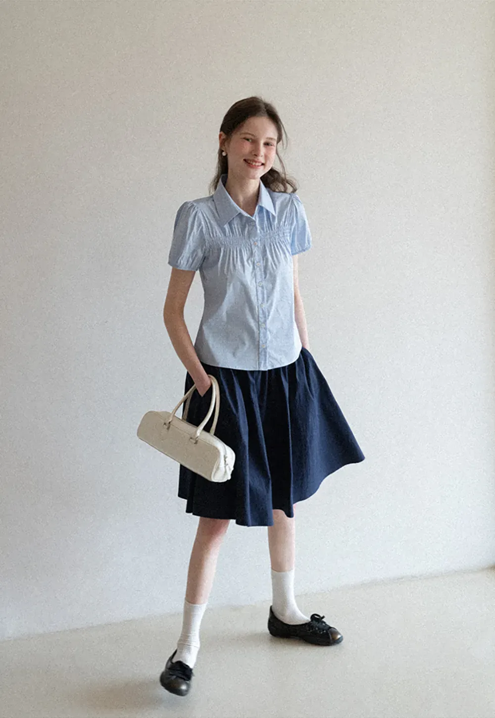 Short Sleeve Button Up Shirt with Pleated Detail