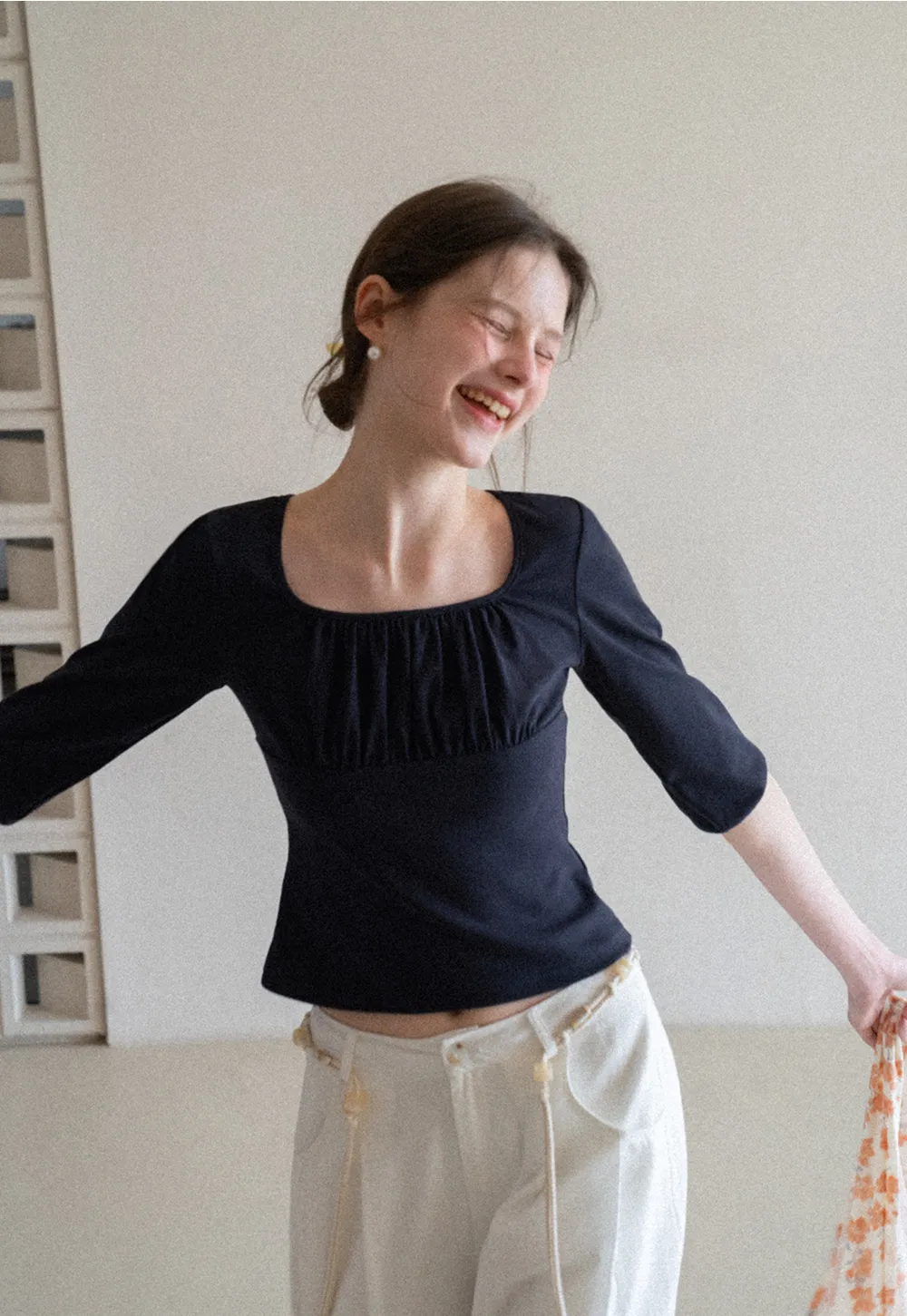 Square neck short sleeve top with gathered detail