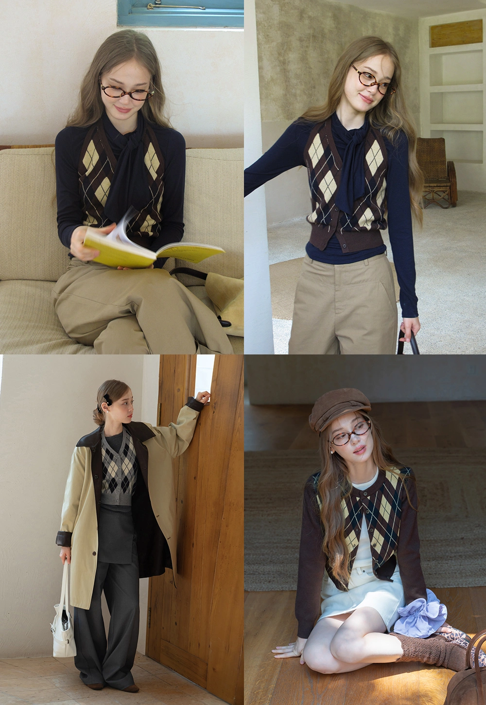 Womens Argyle Knit Button Down Cardigan Sweater