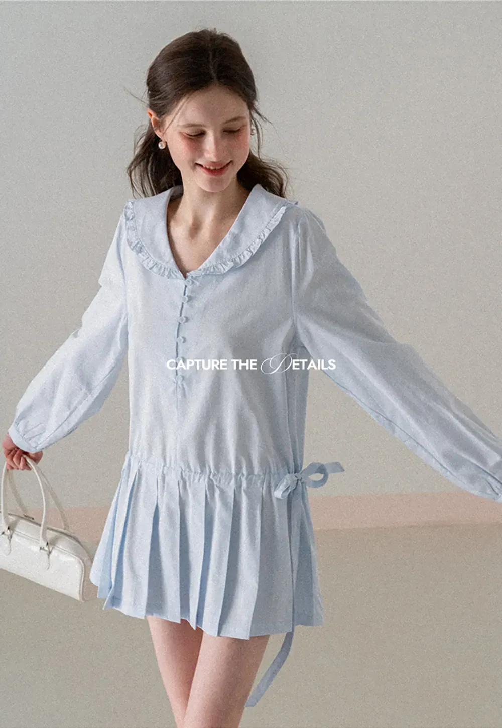 Pleated Hem Long Sleeve Blouse with Ruffled Collar