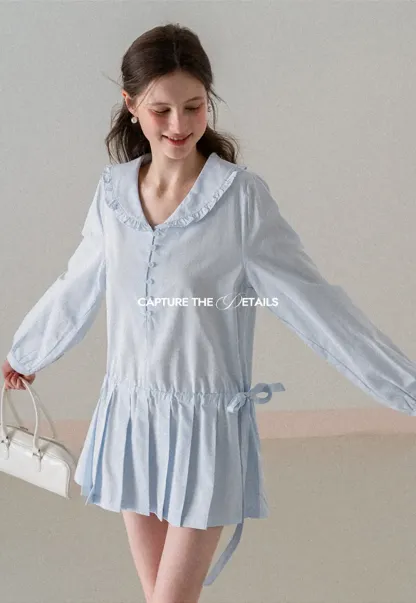 Pleated Hem Long Sleeve Blouse with Ruffled Collar