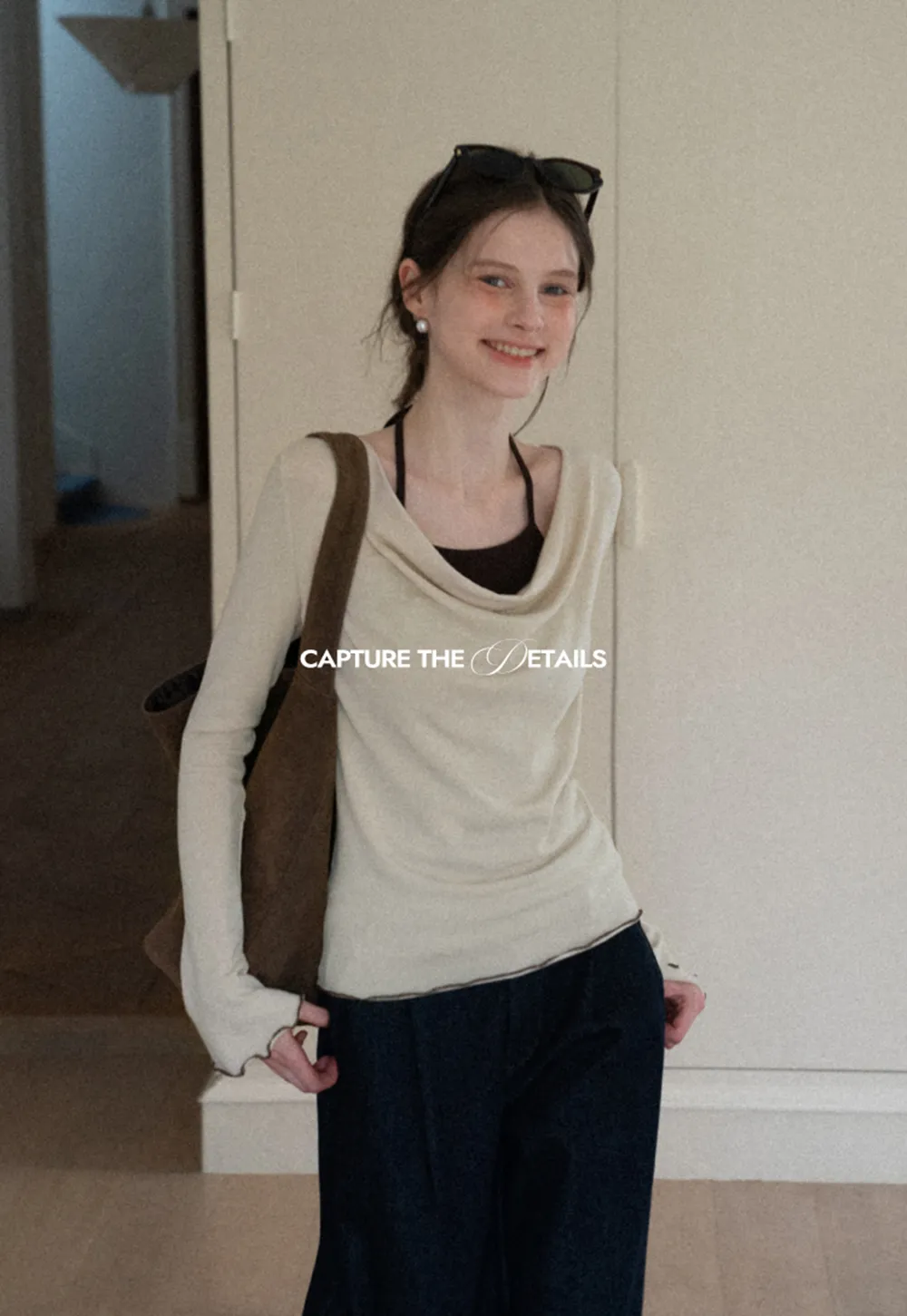 Beige Long-Sleeve Top with Ruffled Hem and Bow Tie Back