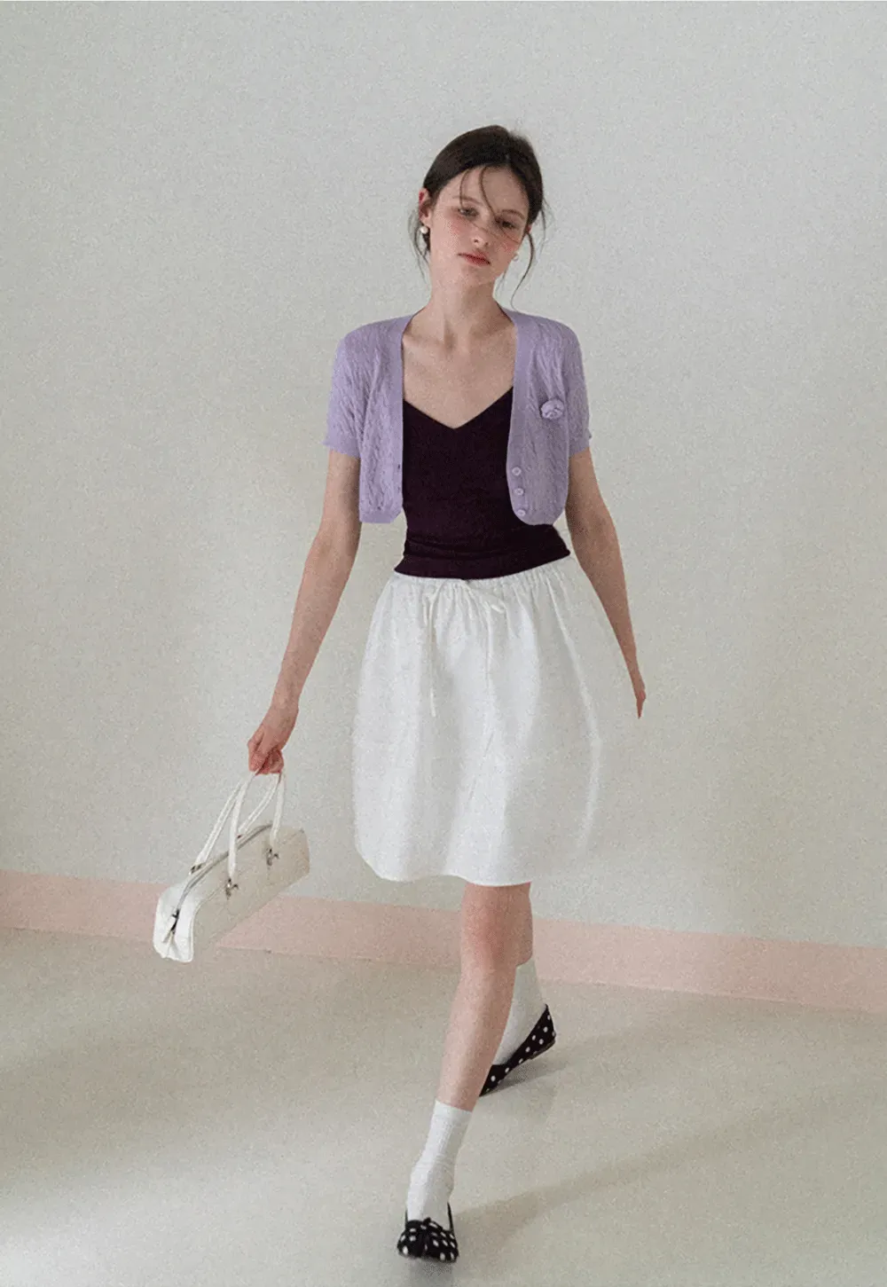 Short Sleeve Cable Knit Cardigan with Button Closure