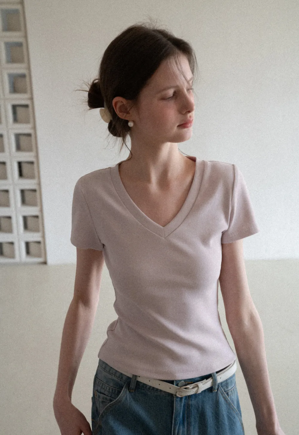 V neck short sleeve knit t shirt