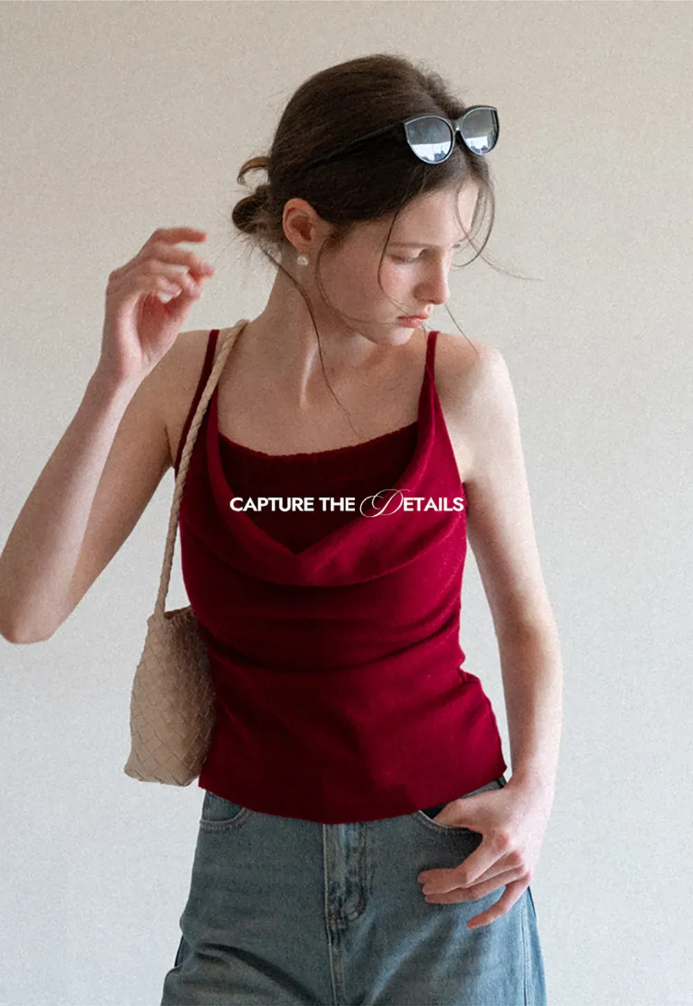 Silk-like tank top with thin straps and draped neckline