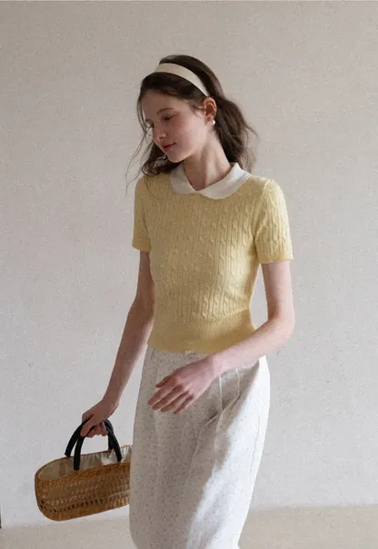 Cable Knit Short Sleeve Sweater with Collar