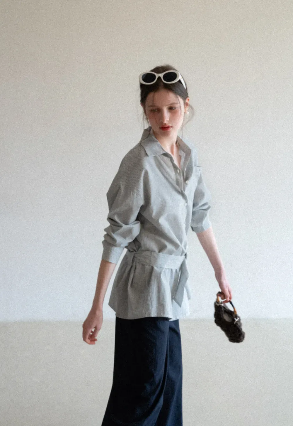 Striped Shirt with Belt and Lace Trim Tank Top