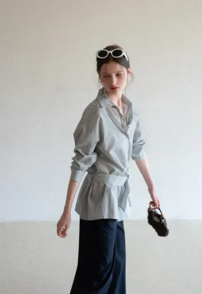 Striped Shirt with Belt and Lace Trim Tank Top