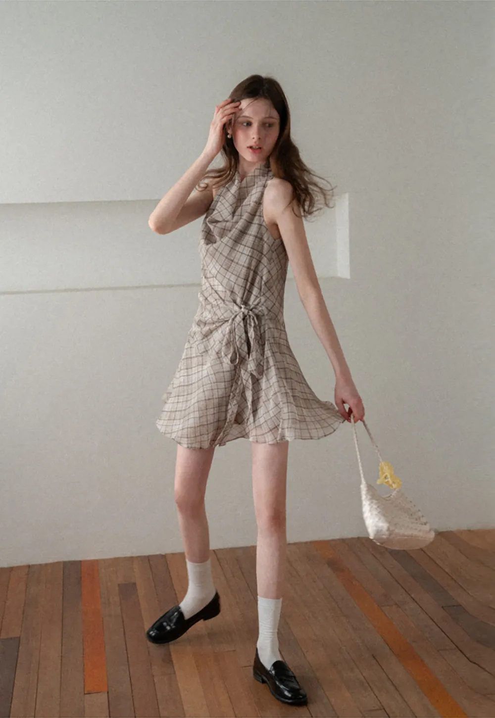 Plaid Halter Neck Wrap Dress with Side Tie