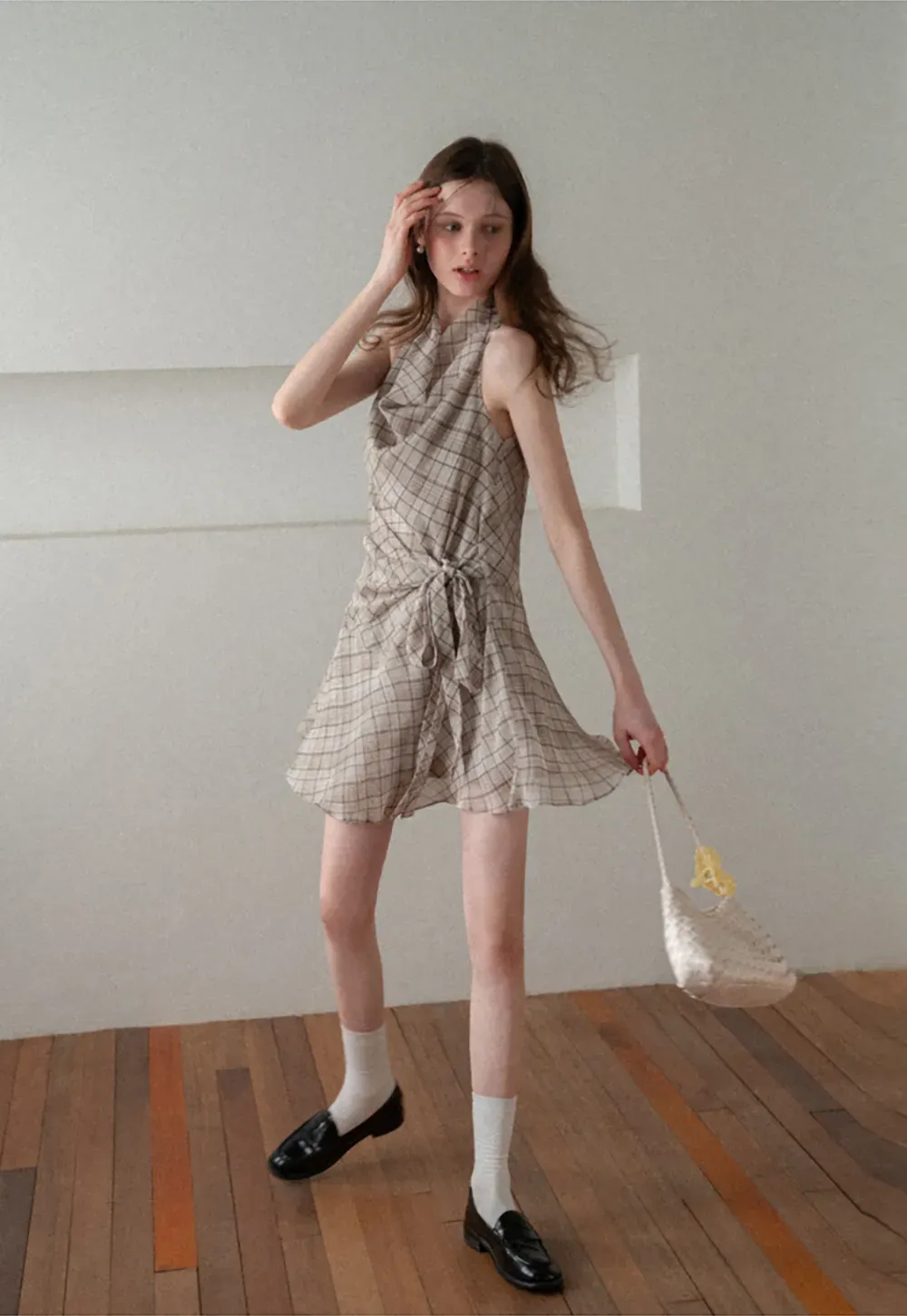 Plaid Halter Neck Wrap Dress with Side Tie