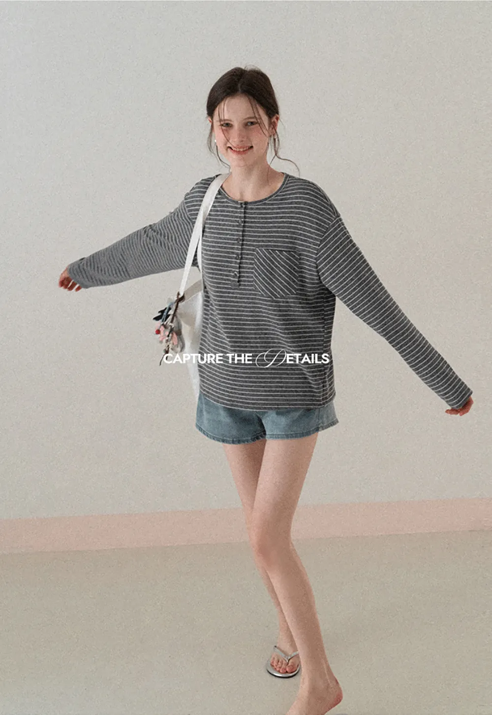 Long sleeve striped henley shirt with chest pocket