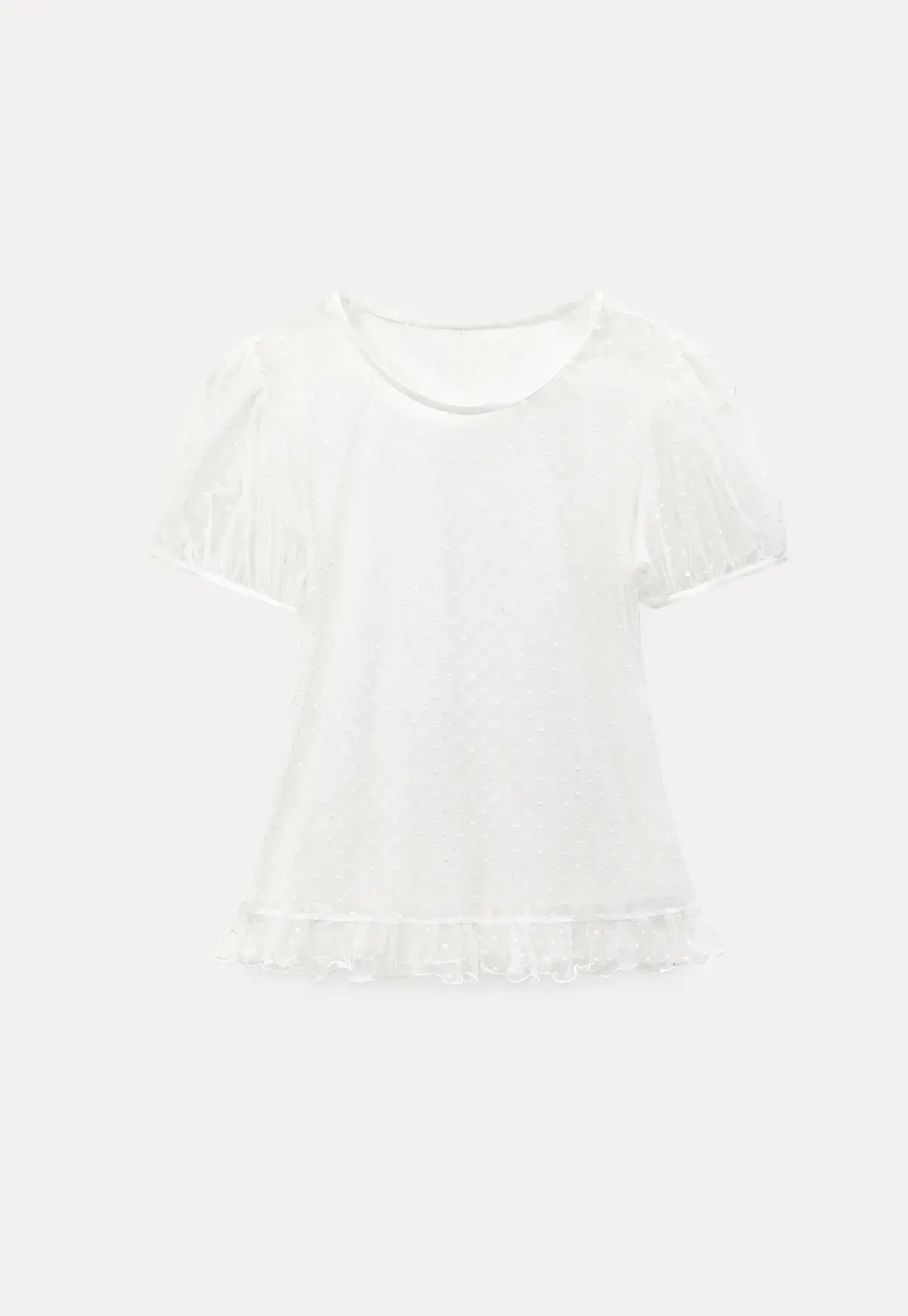 Sheer polka dot top with ruffled hem and puff sleeves