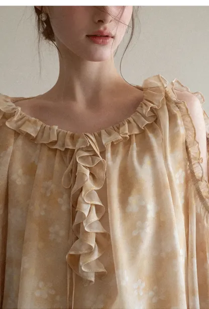 Lace Chiffon Blouse with Ruffled Neck and Sleeves
