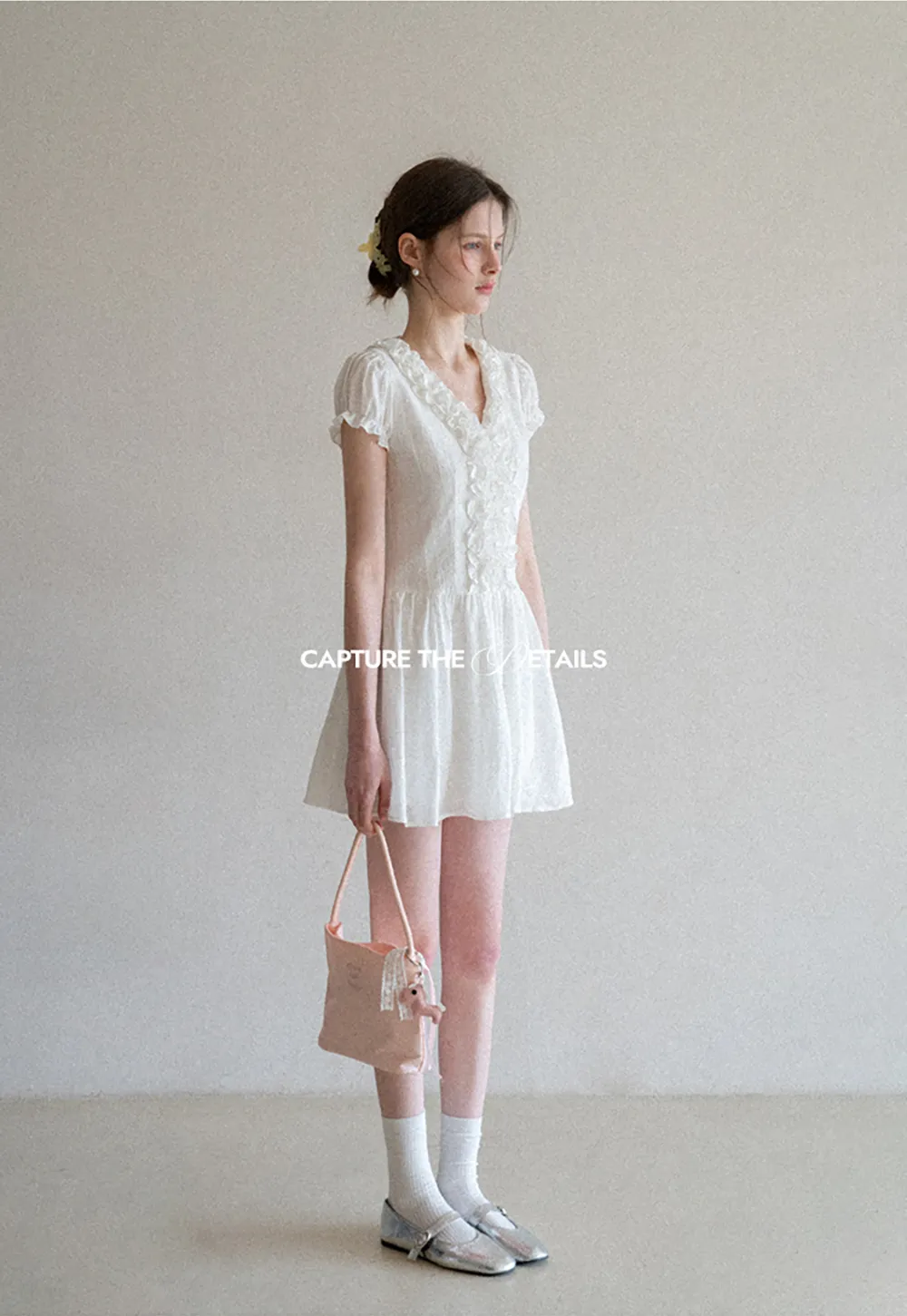 Ruffled V Neck Short Sleeve A Line Dress