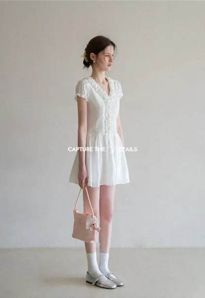 Ruffled V Neck Short Sleeve A Line Dress